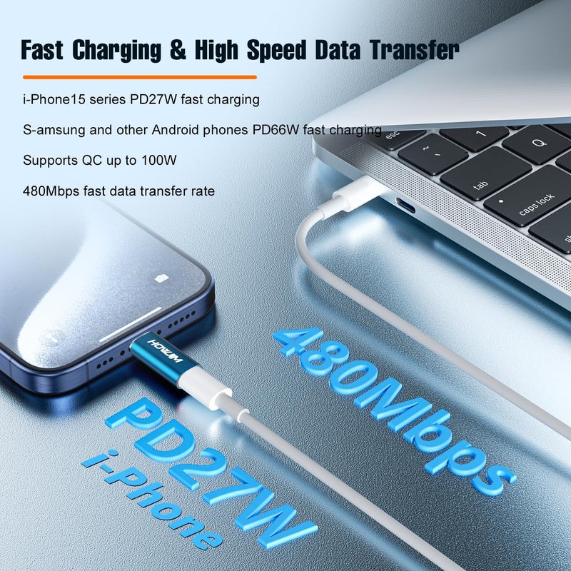 HOWJIM Light-ning to USB C Adapter 2Pack,PD/QC Fast Charging Data Transfer,USB C Charger Converter Cable for Phone 17/16/15 Serie,Pad Pro,G-alaxy,X-peria,Not for Headphones/OTG/Flash Drive/A-pple Pencil Blue - Image 2
